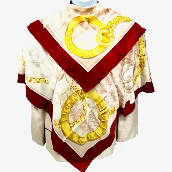 Vintage Celine Paris 100% Silk Scarf Satin 34" Beige Gold Chain Red trim (35) - Picture 7 of 15